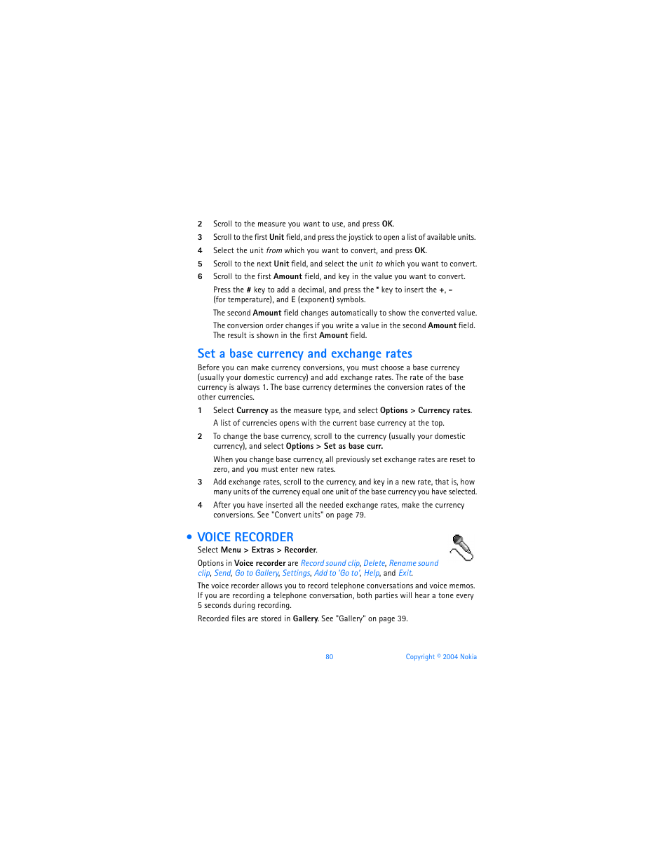 Voice recorder, Set a base currency and exchange rates | Nokia 6620 User Manual | Page 91 / 153