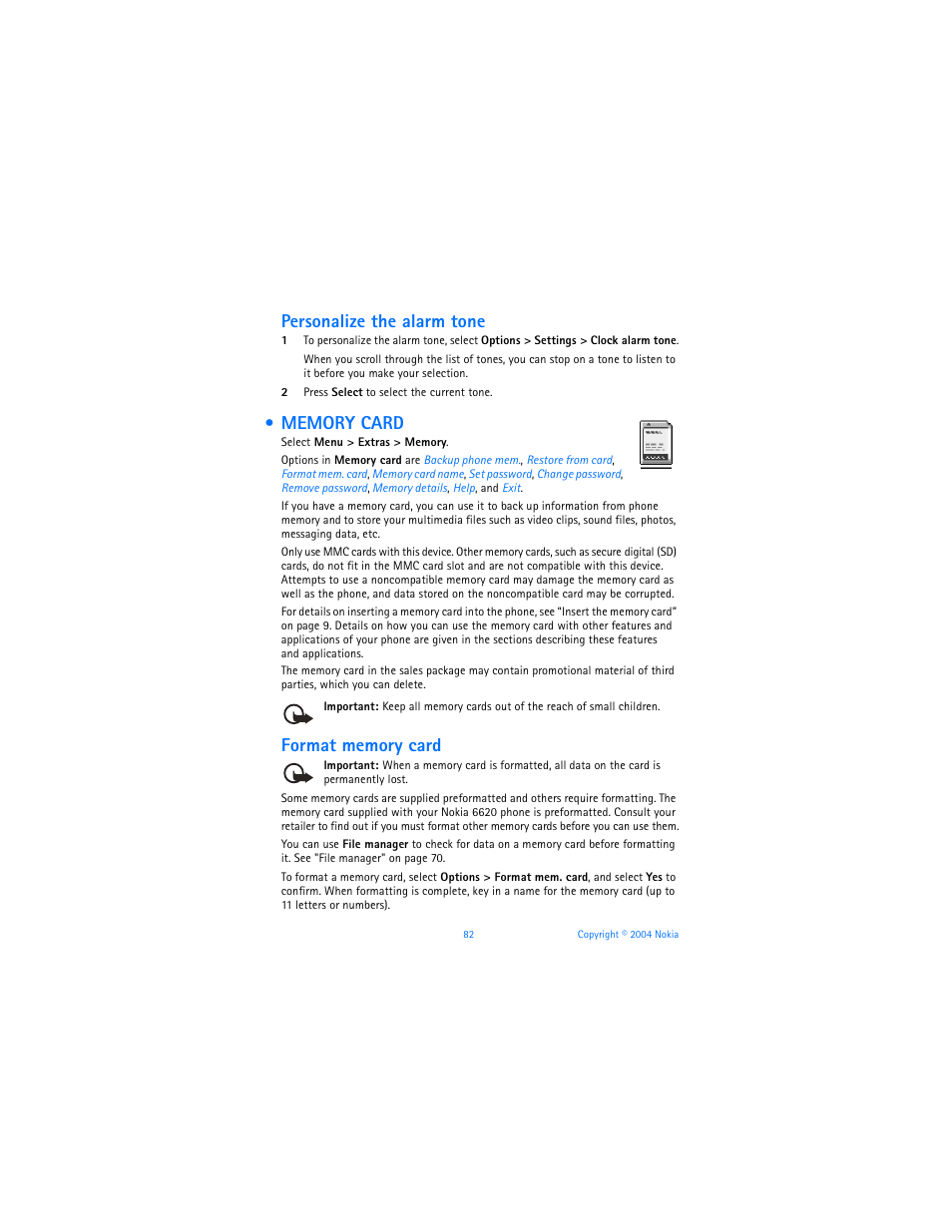 Memory card, Personalize the alarm tone | Nokia 6620 User Manual | Page 93 / 153