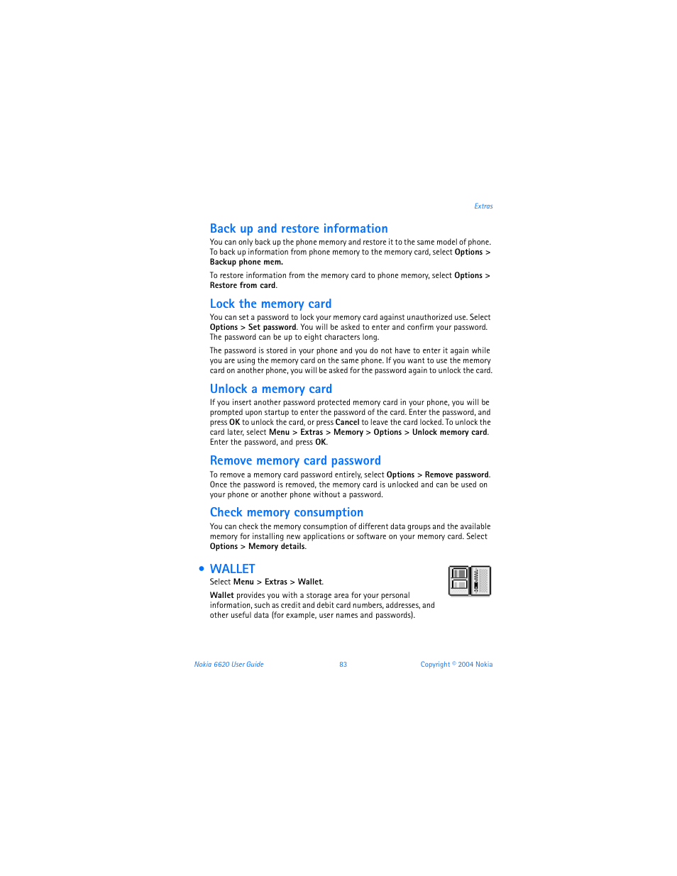 Wallet, Back up and restore information | Nokia 6620 User Manual | Page 94 / 153