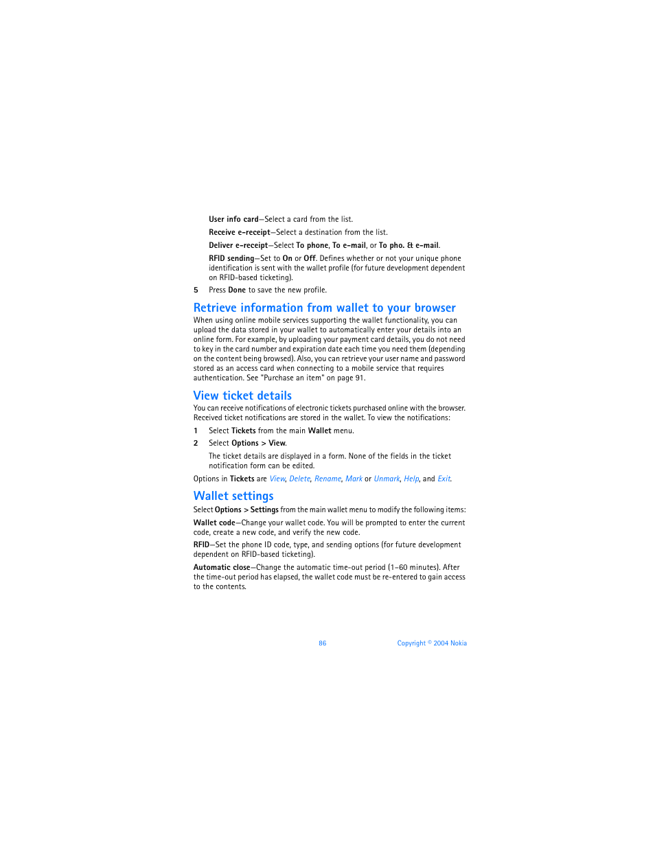 Retrieve information from wallet to your browser, View ticket details, Wallet settings | Nokia 6620 User Manual | Page 97 / 153