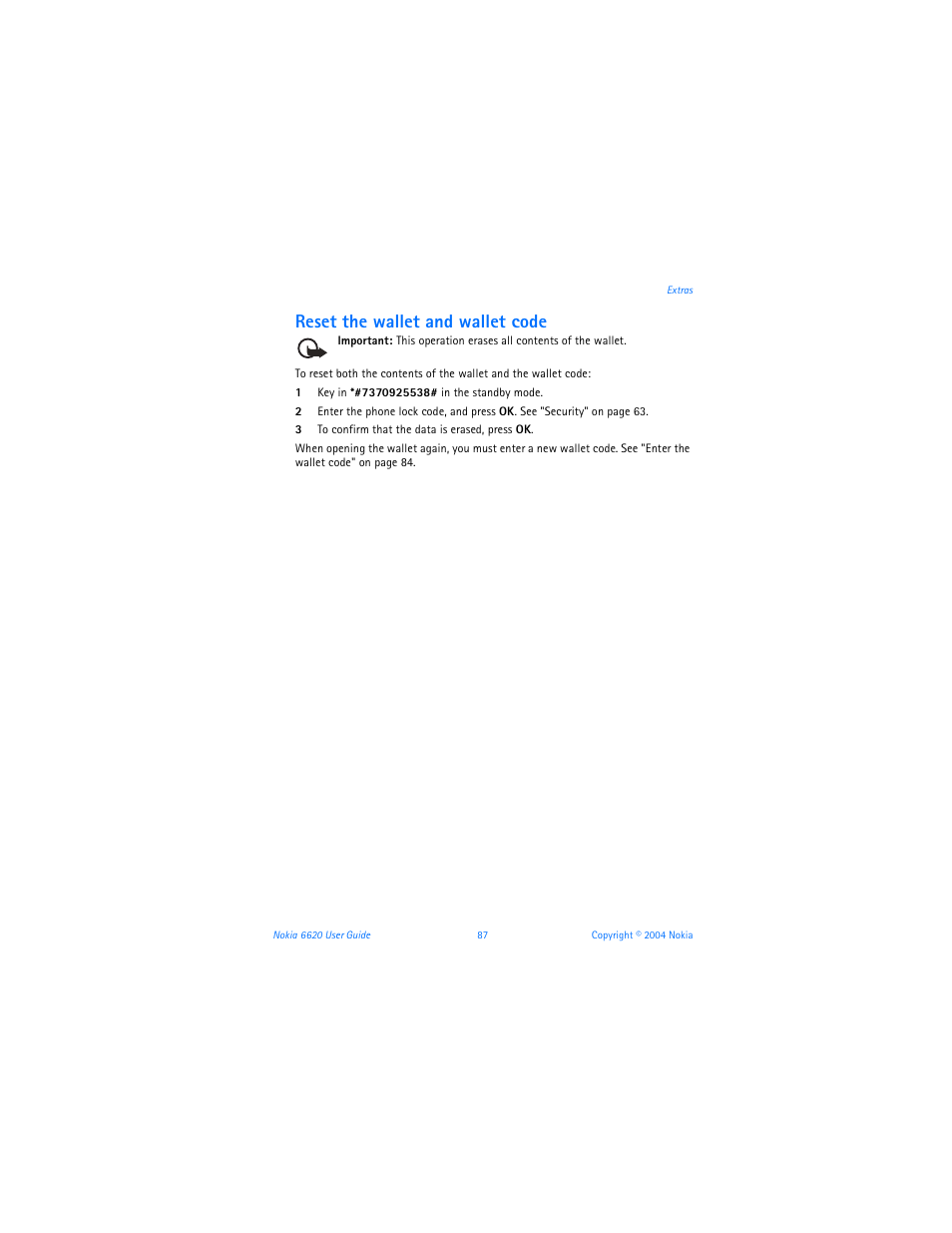 Reset the wallet and wallet code | Nokia 6620 User Manual | Page 98 / 153