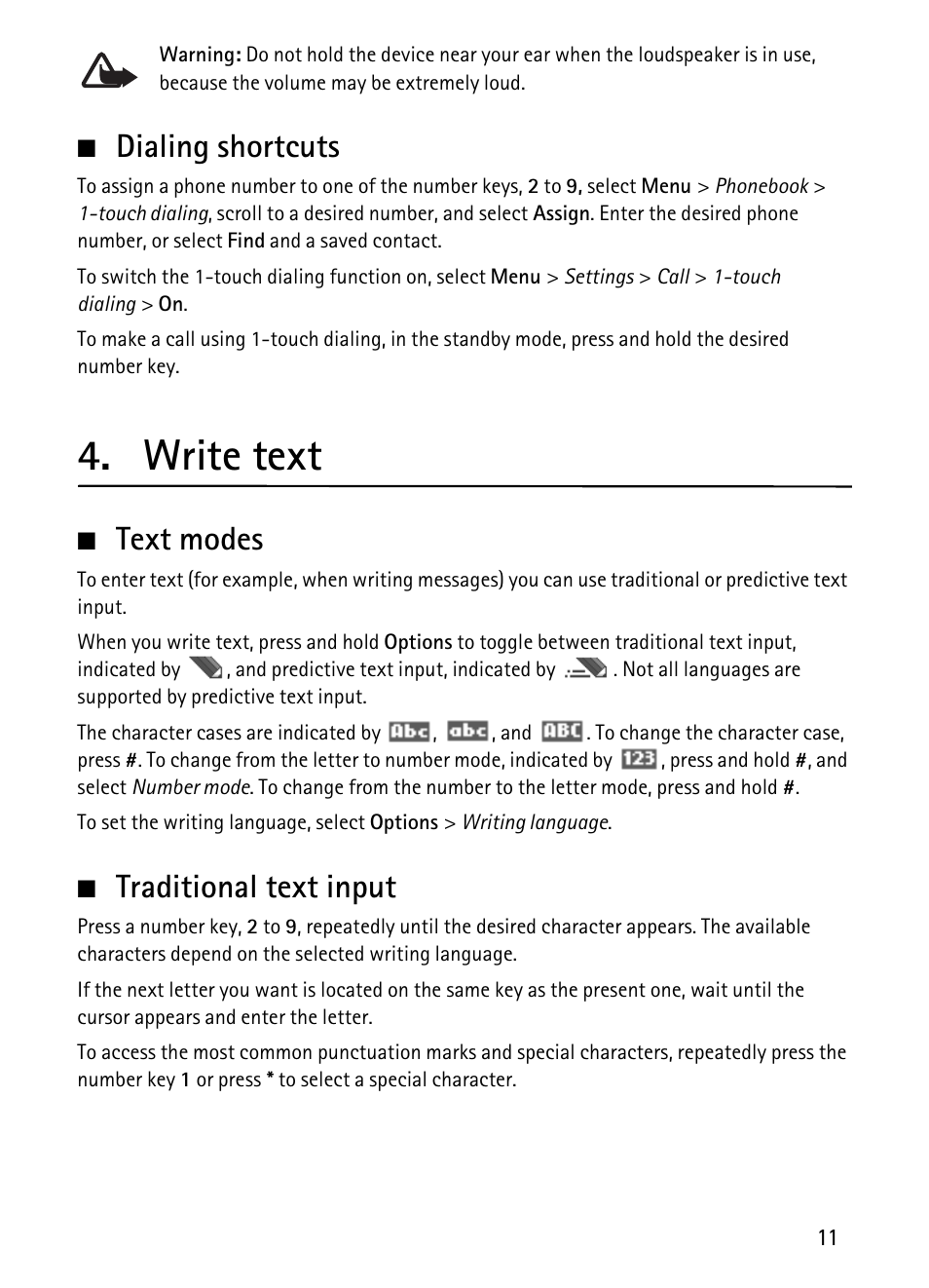 Dialing shortcuts, Write text, Text modes | Traditional text input, Text modes traditional text input | Nokia 1680 Classic User Manual | Page 12 / 75