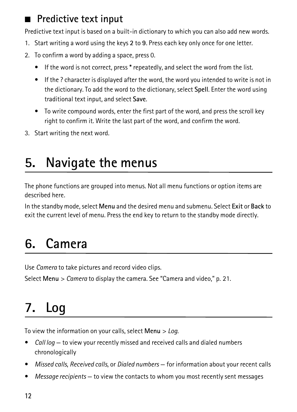 Predictive text input, Navigate the menus, Camera | Nokia 1680 Classic User Manual | Page 13 / 75
