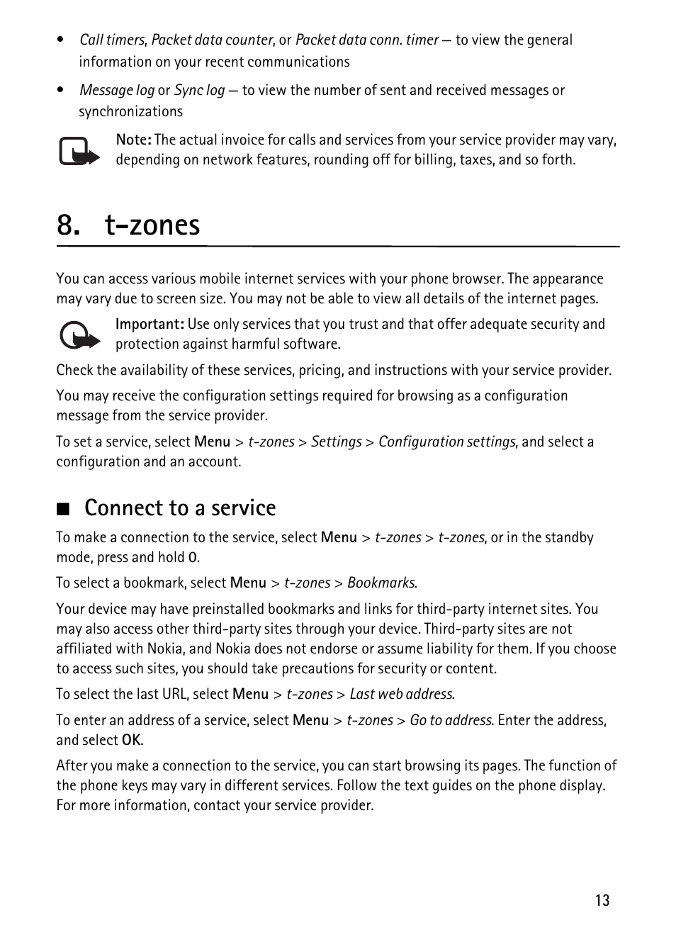 T-zones, Connect to a service | Nokia 1680 Classic User Manual | Page 14 / 75