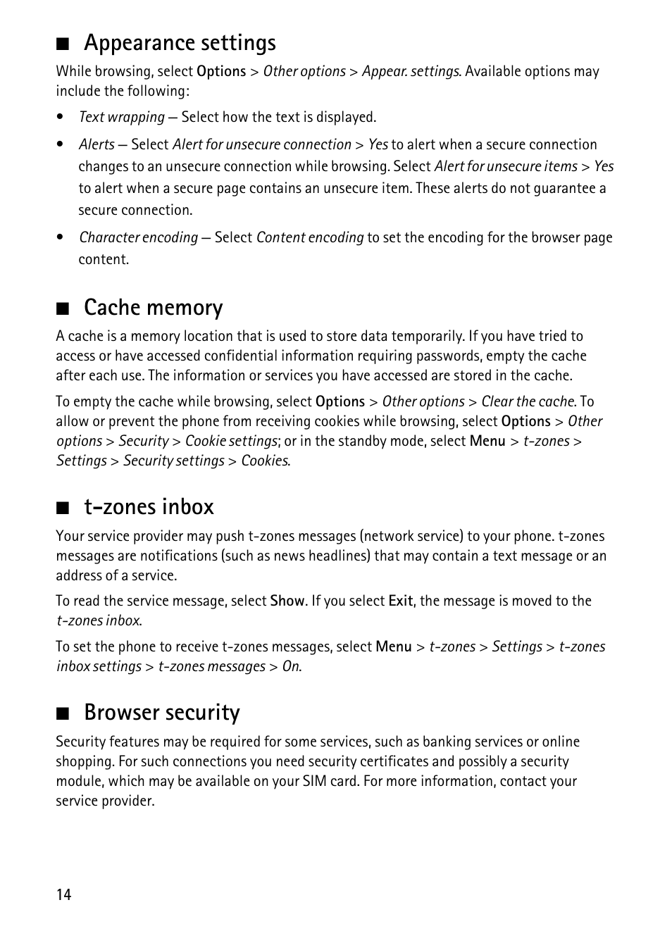 Appearance settings, Cache memory, T-zones inbox | Browser security | Nokia 1680 Classic User Manual | Page 15 / 75