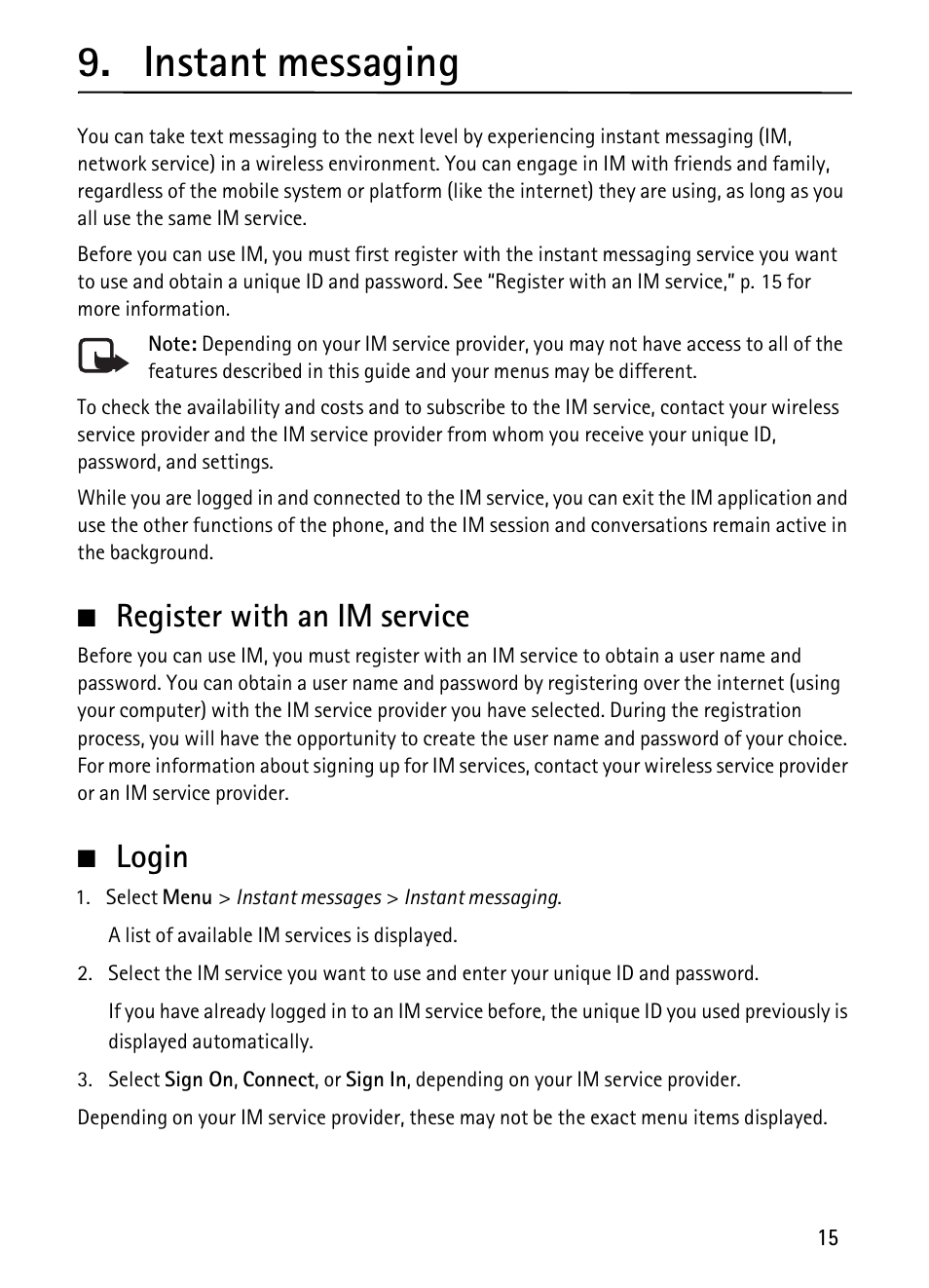 Instant messaging, Register with an im service, Login | Register with an im service login | Nokia 1680 Classic User Manual | Page 16 / 75