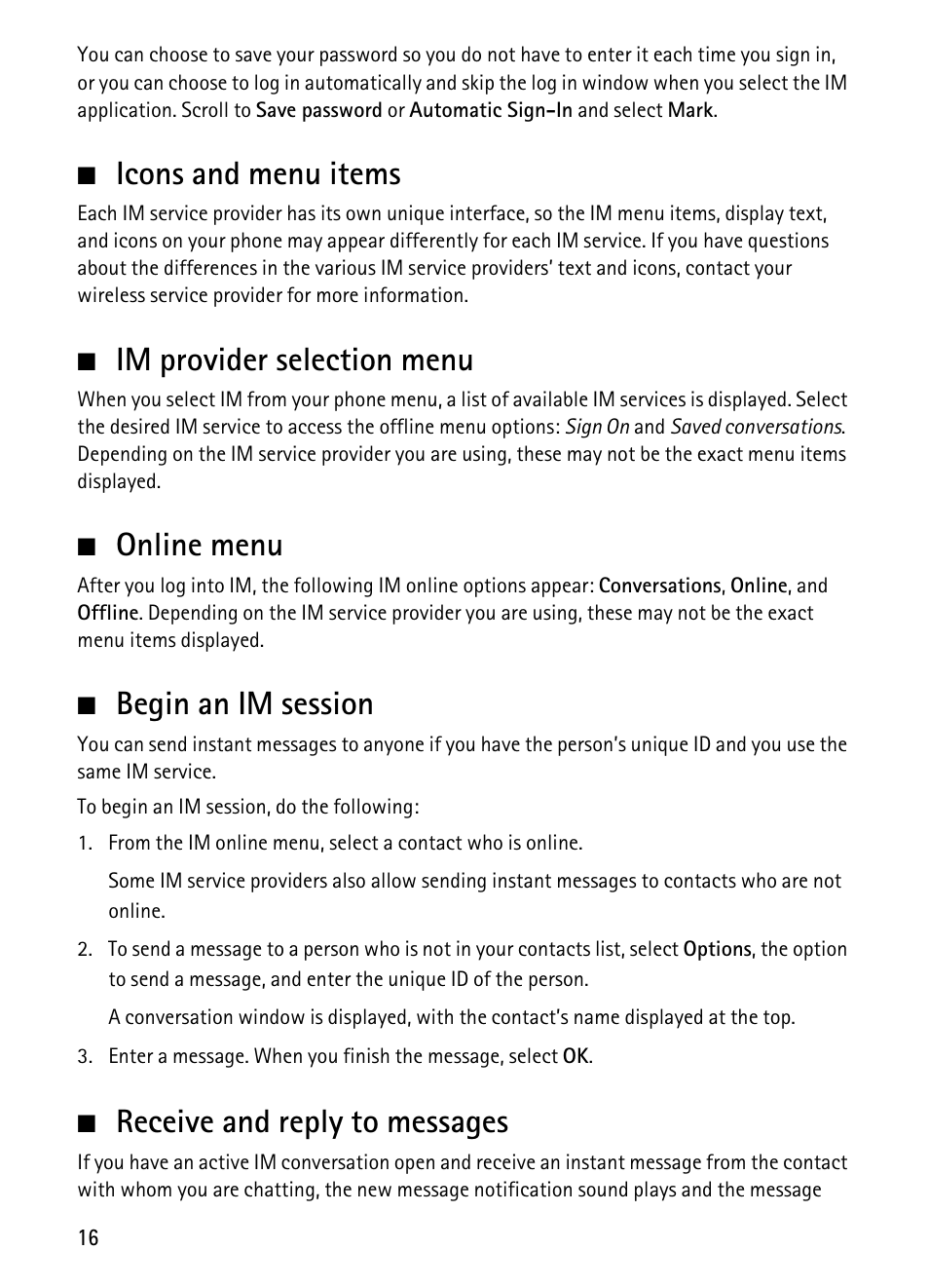 Icons and menu items, Im provider selection menu, Online menu | Begin an im session, Receive and reply to messages | Nokia 1680 Classic User Manual | Page 17 / 75