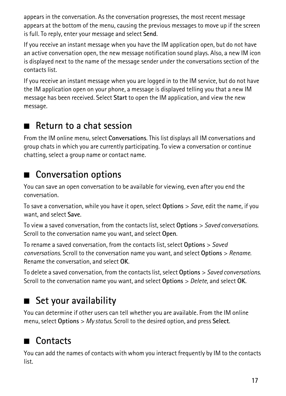 Return to a chat session, Conversation options, Set your availability | Contacts | Nokia 1680 Classic User Manual | Page 18 / 75