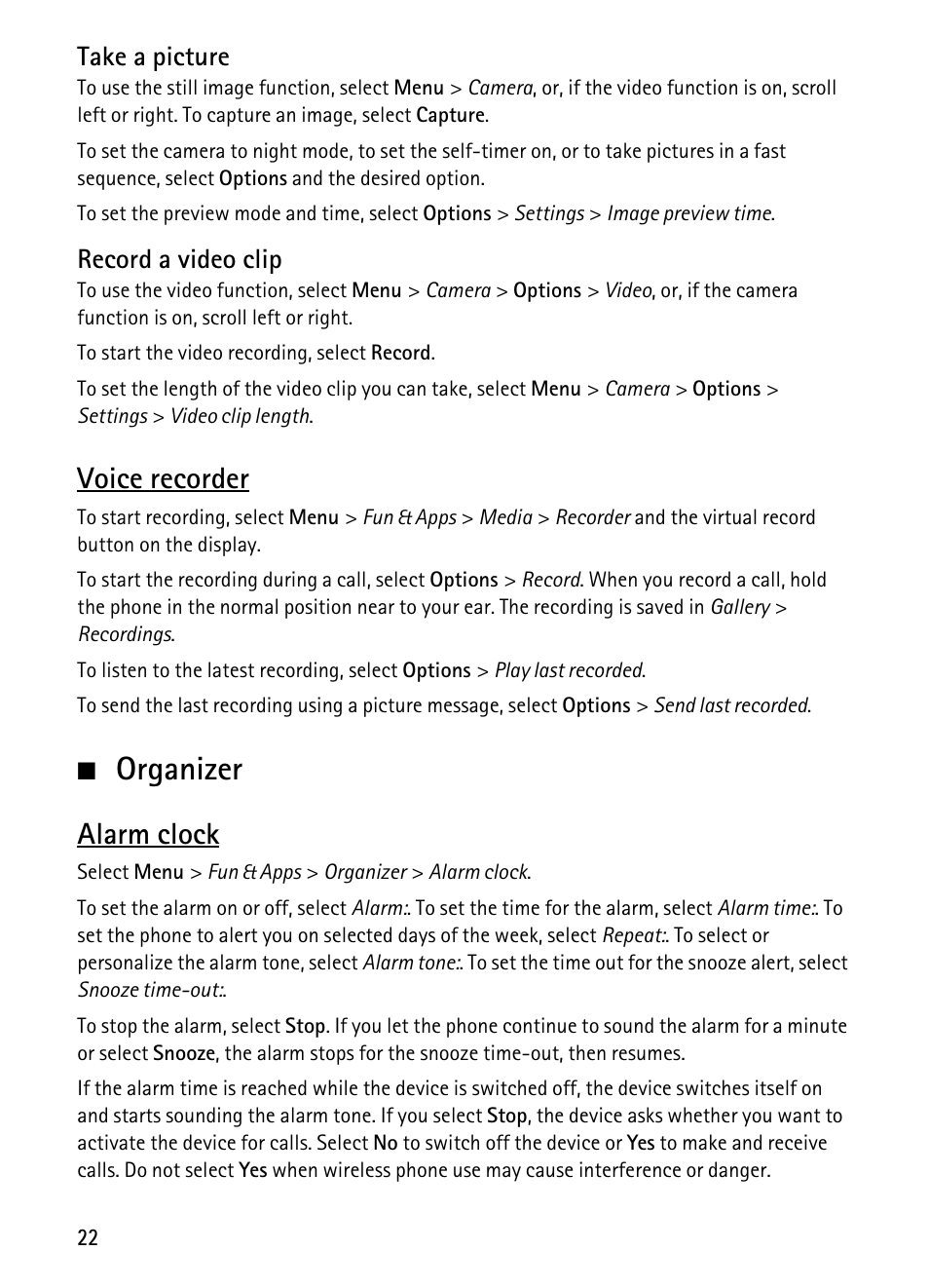 Organizer, Voice recorder, Alarm clock | Nokia 1680 Classic User Manual | Page 23 / 75