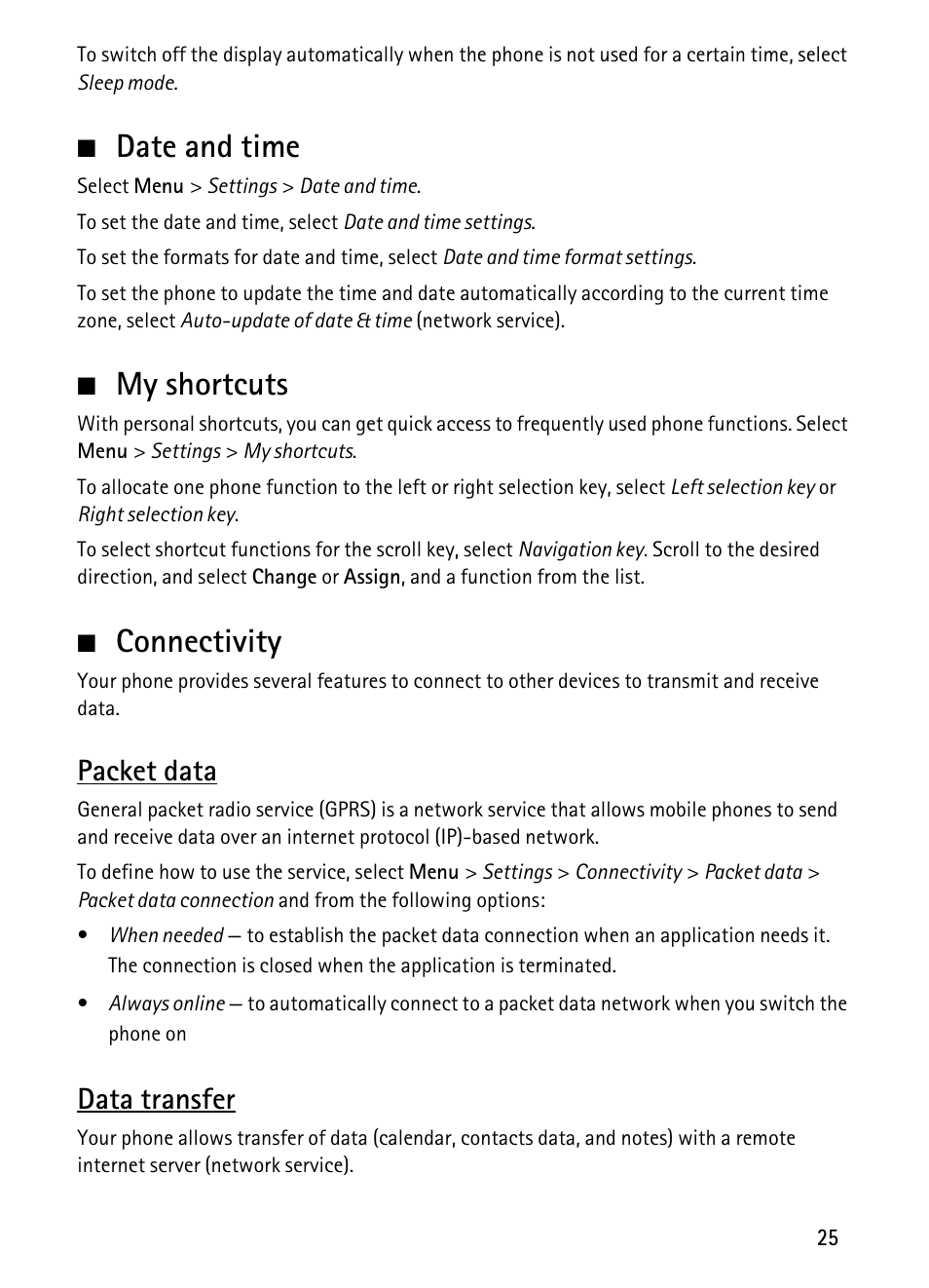 Date and time, My shortcuts, Connectivity | Date and time my shortcuts connectivity, Packet data, Data transfer | Nokia 1680 Classic User Manual | Page 26 / 75