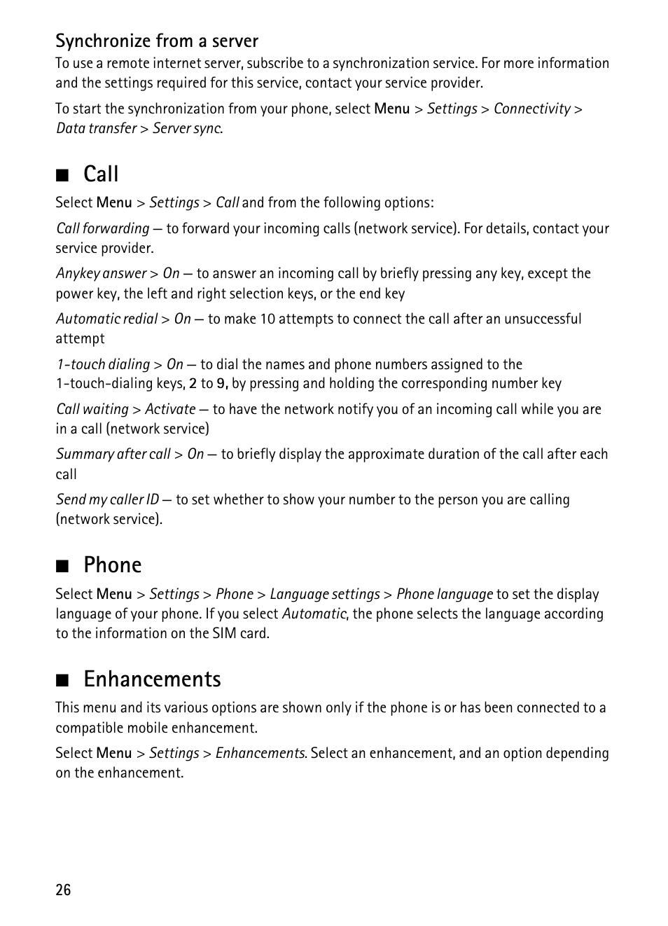 Call, Phone, Enhancements | Call phone enhancements | Nokia 1680 Classic User Manual | Page 27 / 75