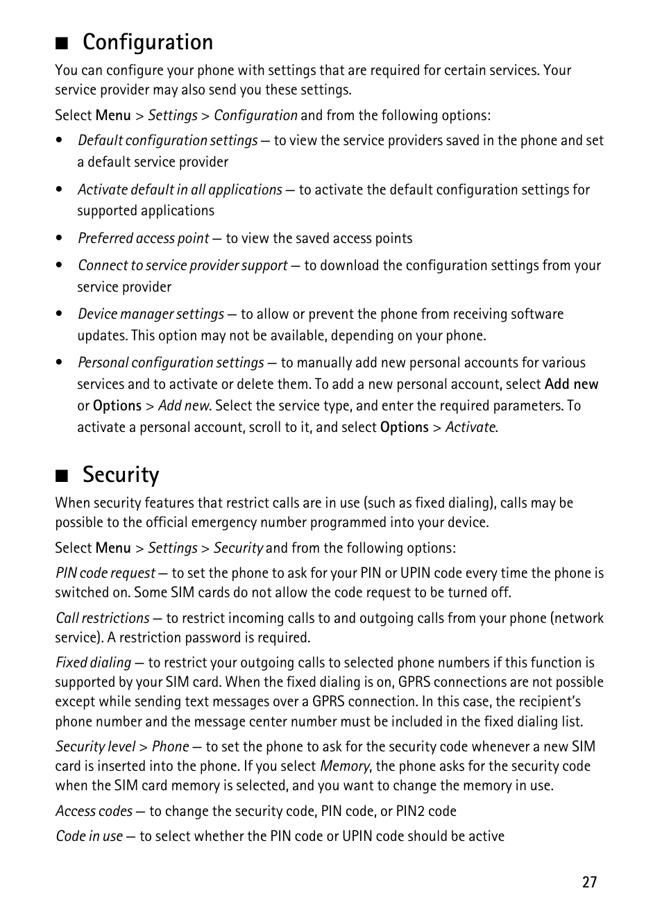 Configuration, Security, Configuration security | Nokia 1680 Classic User Manual | Page 28 / 75
