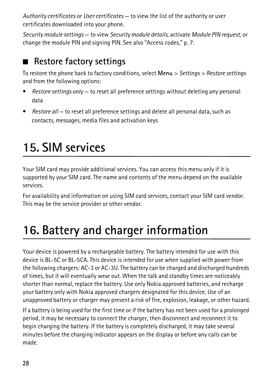Restore factory settings, Sim services, Battery and charger information | Nokia 1680 Classic User Manual | Page 29 / 75