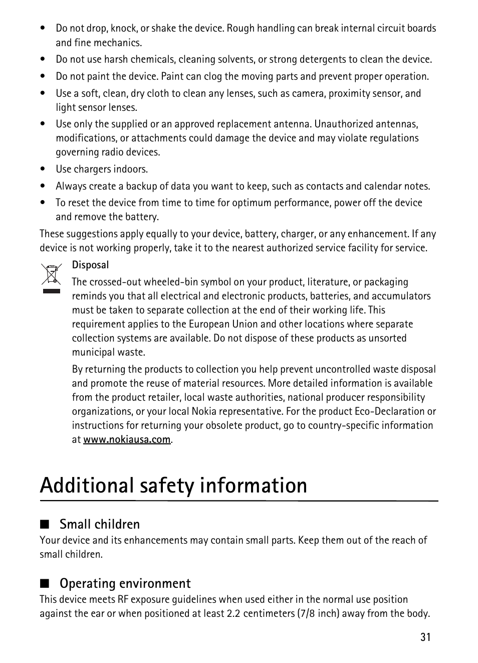 Additional safety information, Small children, Operating environment | Nokia 1680 Classic User Manual | Page 32 / 75