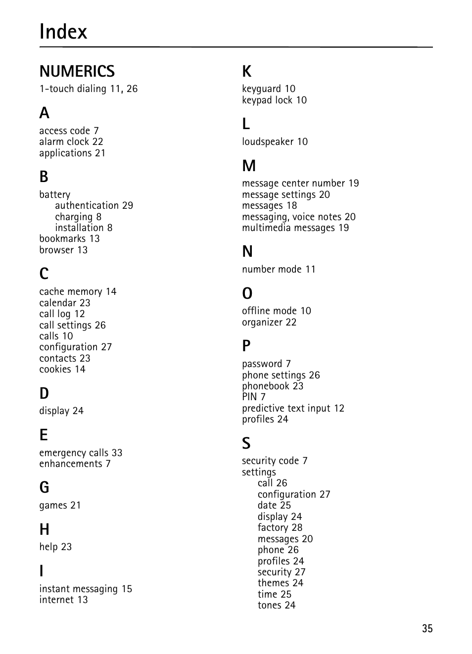 Index, Numerics | Nokia 1680 Classic User Manual | Page 36 / 75
