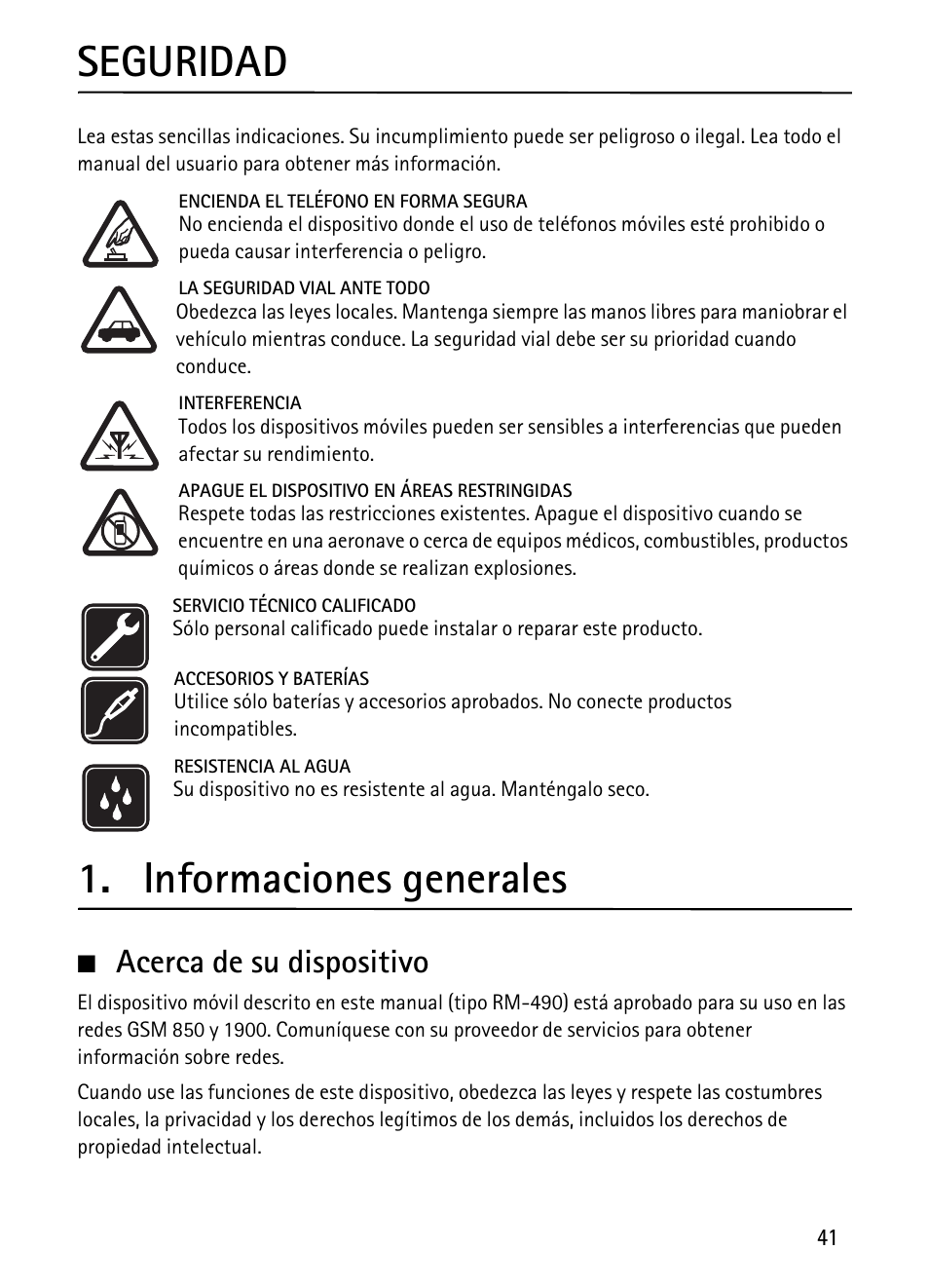 Seguridad, Informaciones generales, Acerca de su dispositivo | Nokia 1680 Classic User Manual | Page 42 / 75