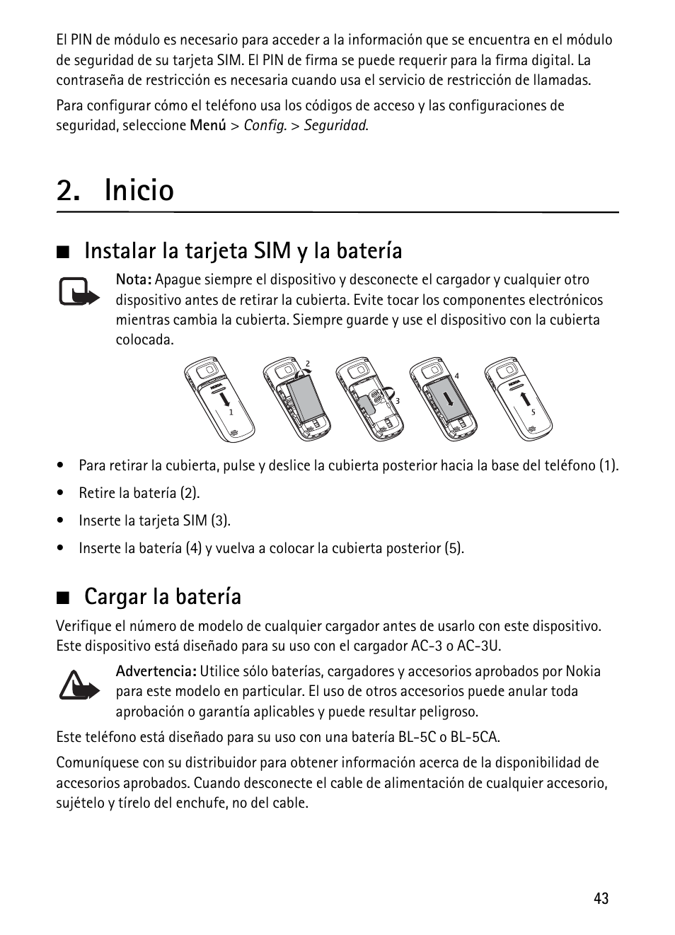 Inicio, Instalar la tarjeta sim y la batería, Cargar la batería | Nokia 1680 Classic User Manual | Page 44 / 75