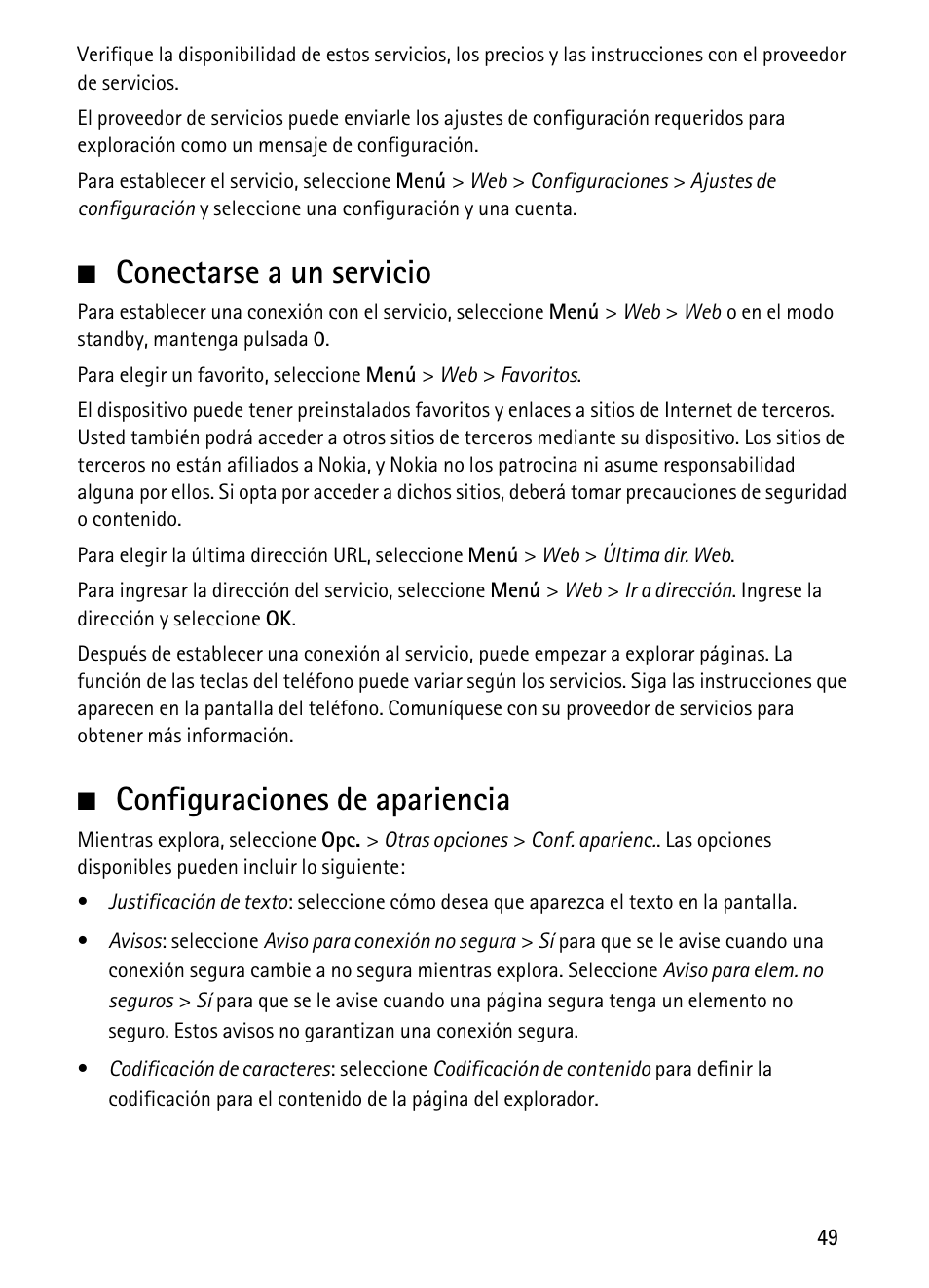 Conectarse a un servicio, Configuraciones de apariencia | Nokia 1680 Classic User Manual | Page 50 / 75