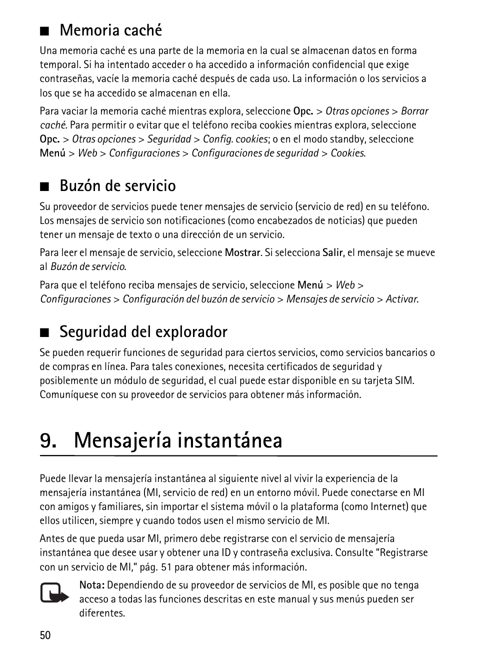 Memoria caché, Buzón de servicio, Seguridad del explorador | Mensajería instantánea | Nokia 1680 Classic User Manual | Page 51 / 75