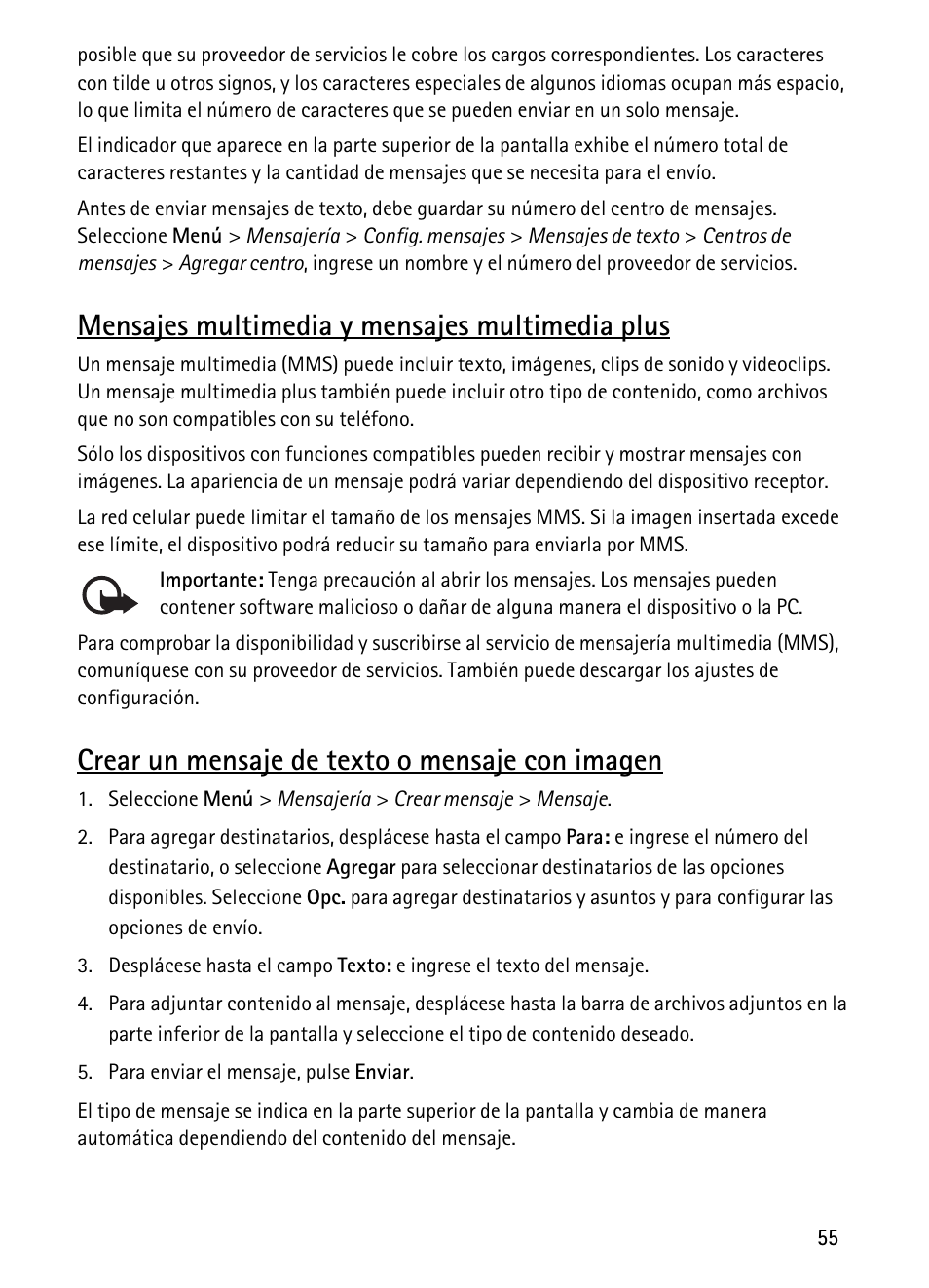 Mensajes multimedia y mensajes multimedia plus, Crear un mensaje de texto o mensaje con imagen | Nokia 1680 Classic User Manual | Page 56 / 75