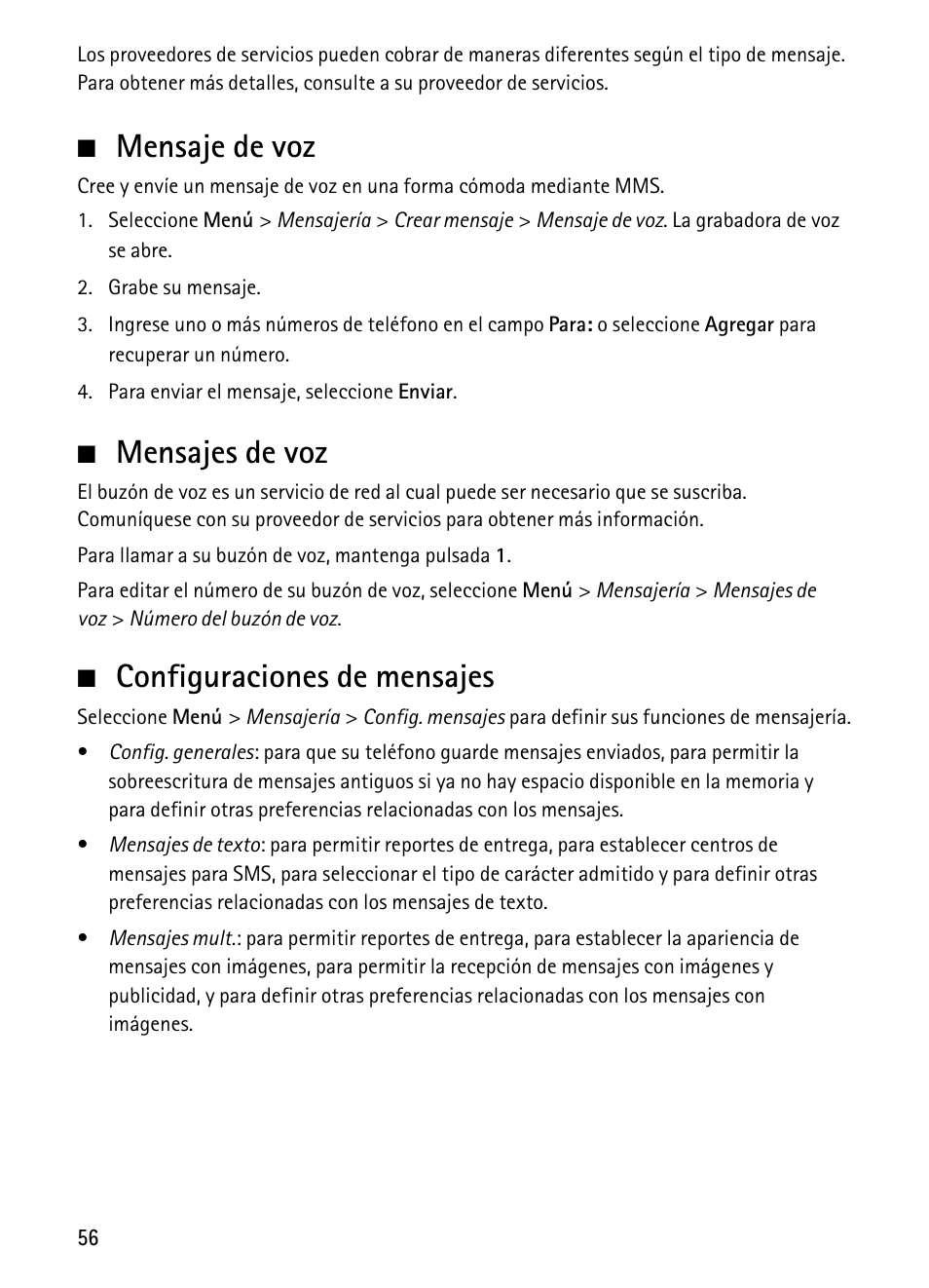 Mensaje de voz, Mensajes de voz, Configuraciones de mensajes | Nokia 1680 Classic User Manual | Page 57 / 75