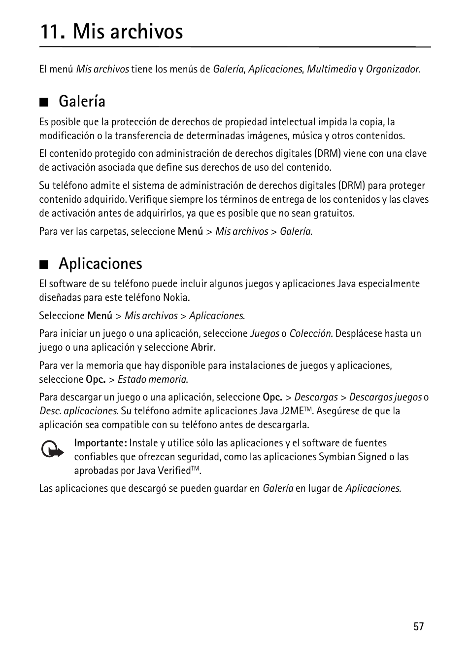Mis archivos, Galería, Aplicaciones | Galería aplicaciones | Nokia 1680 Classic User Manual | Page 58 / 75