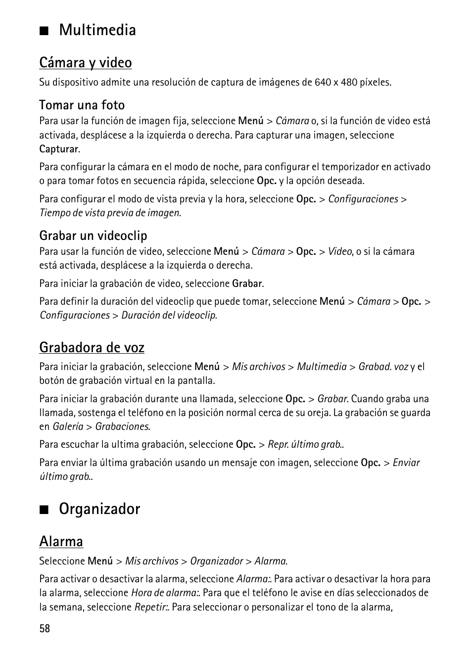 Multimedia, Organizador, Multimedia organizador | Cámara y video, Grabadora de voz, Alarma | Nokia 1680 Classic User Manual | Page 59 / 75