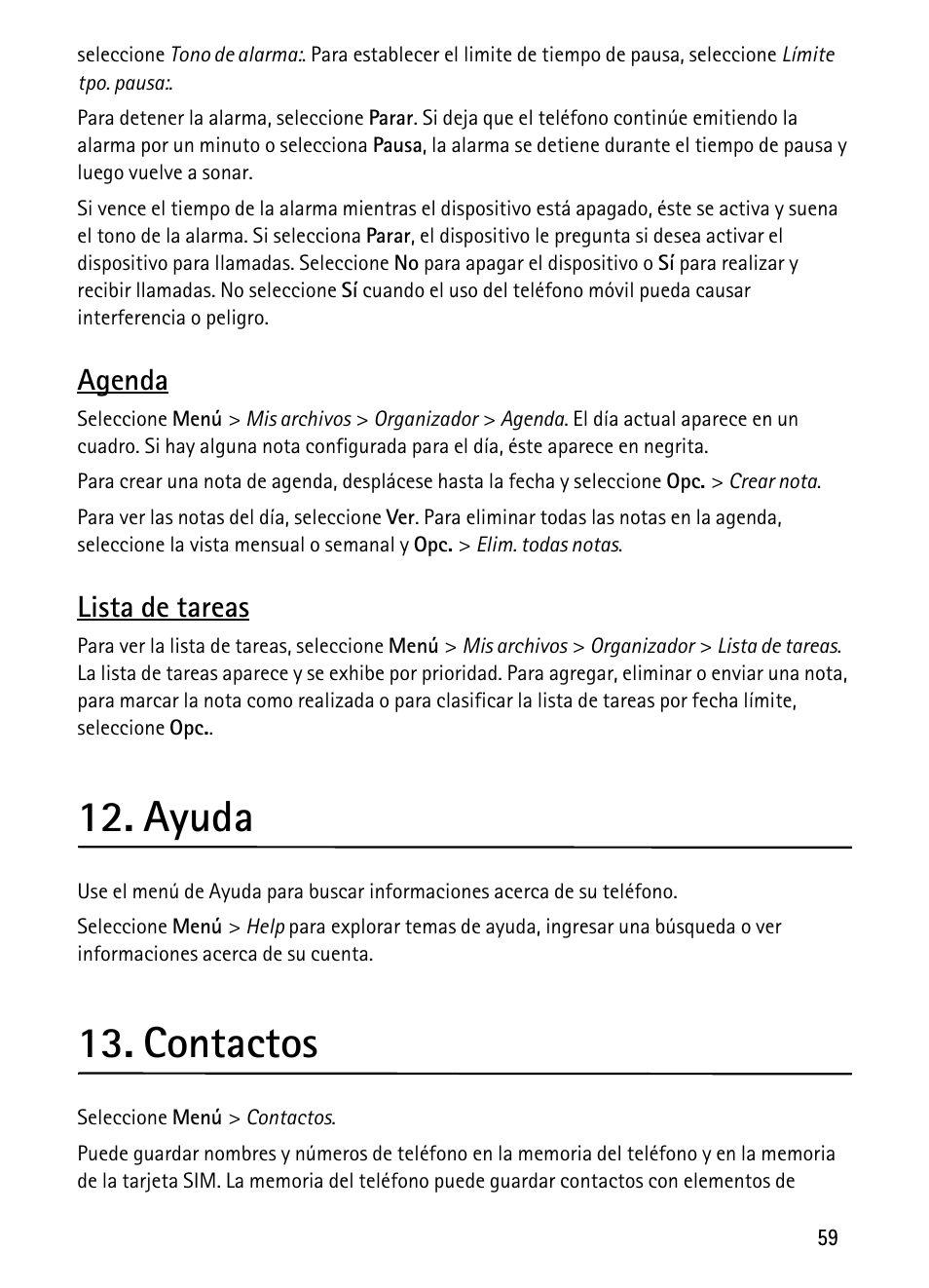 Ayuda, Contactos, Agenda | Lista de tareas | Nokia 1680 Classic User Manual | Page 60 / 75