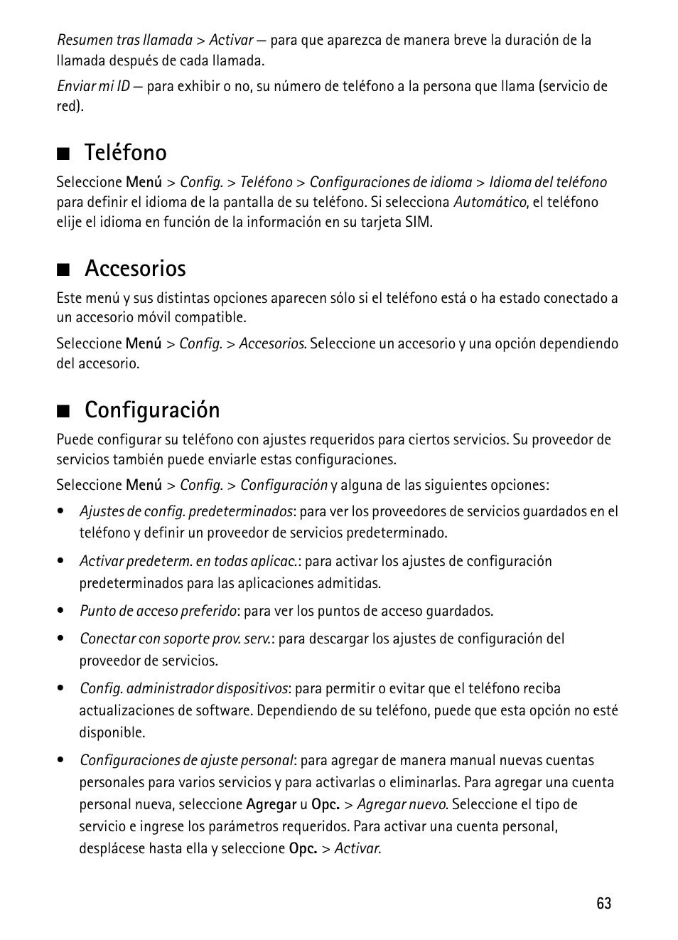 Teléfono, Accesorios, Configuración | Teléfono accesorios configuración | Nokia 1680 Classic User Manual | Page 64 / 75