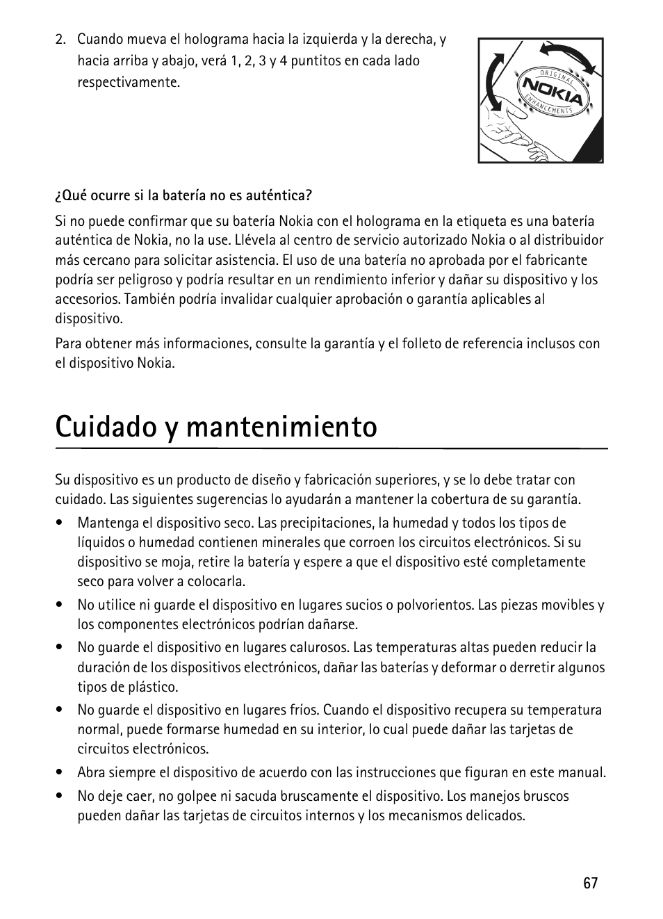 Cuidado y mantenimiento | Nokia 1680 Classic User Manual | Page 68 / 75