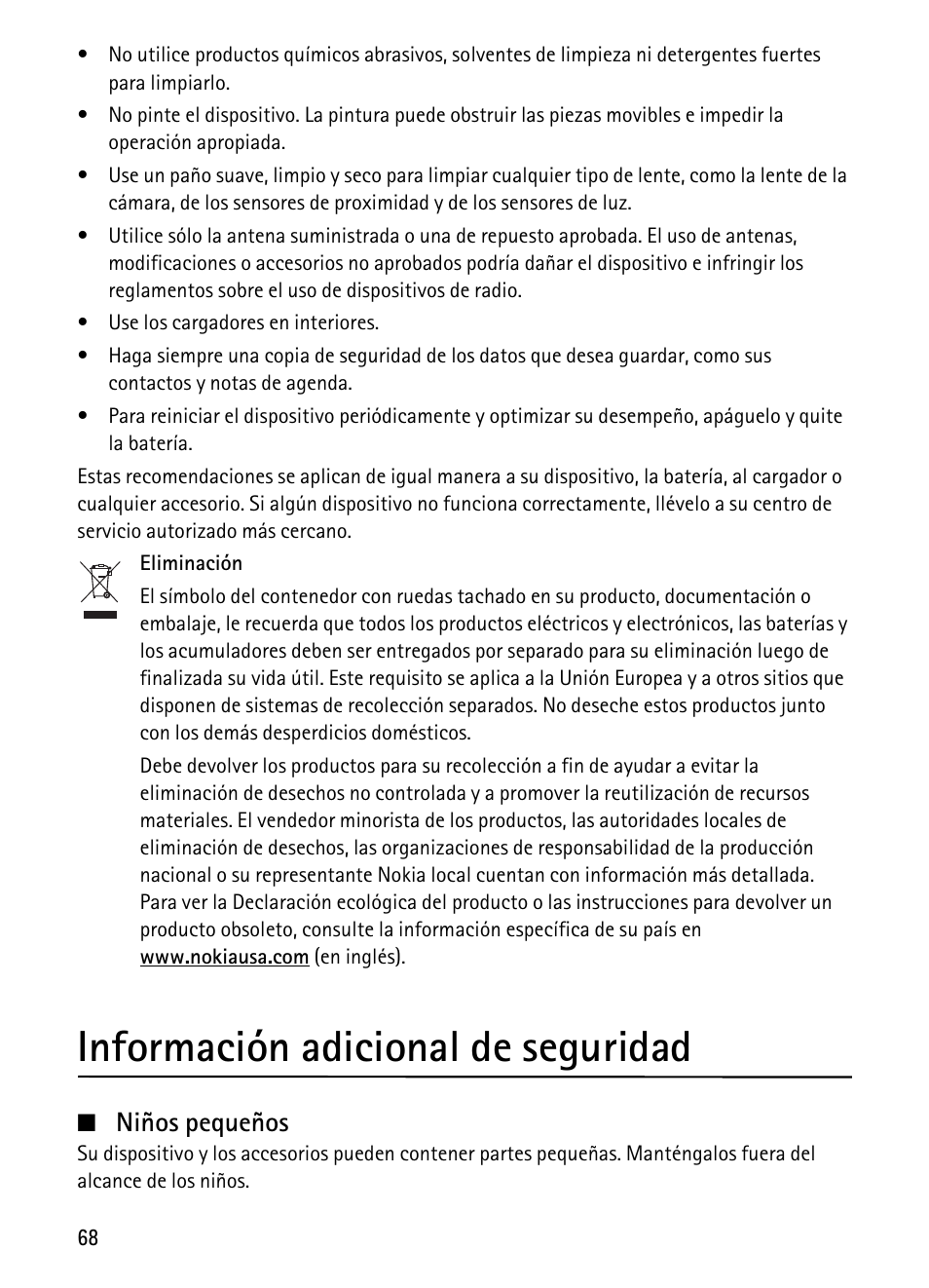 Información adicional de seguridad, Niños pequeños | Nokia 1680 Classic User Manual | Page 69 / 75