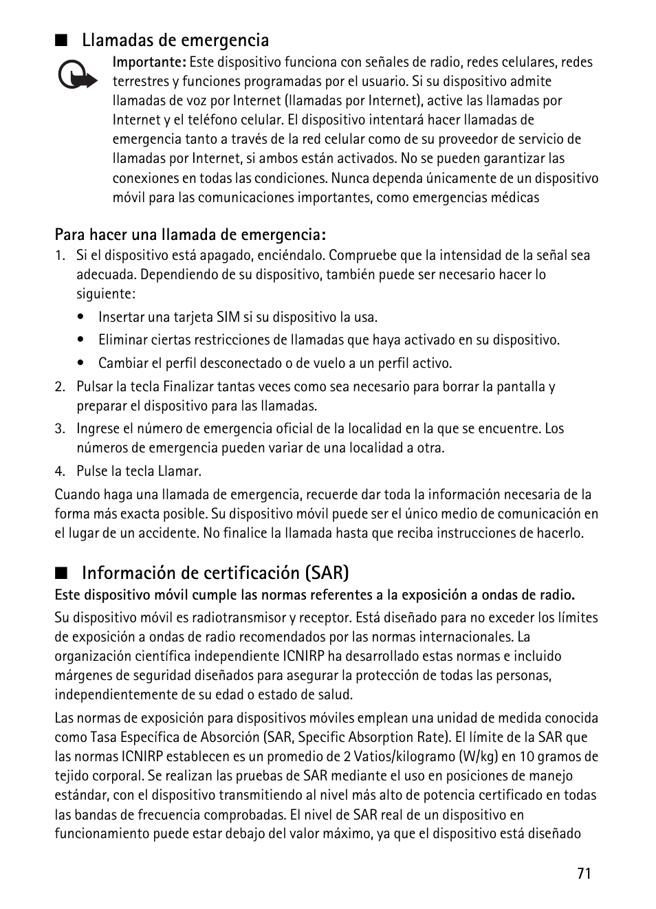 Llamadas de emergencia, Información de certificación (sar) | Nokia 1680 Classic User Manual | Page 72 / 75