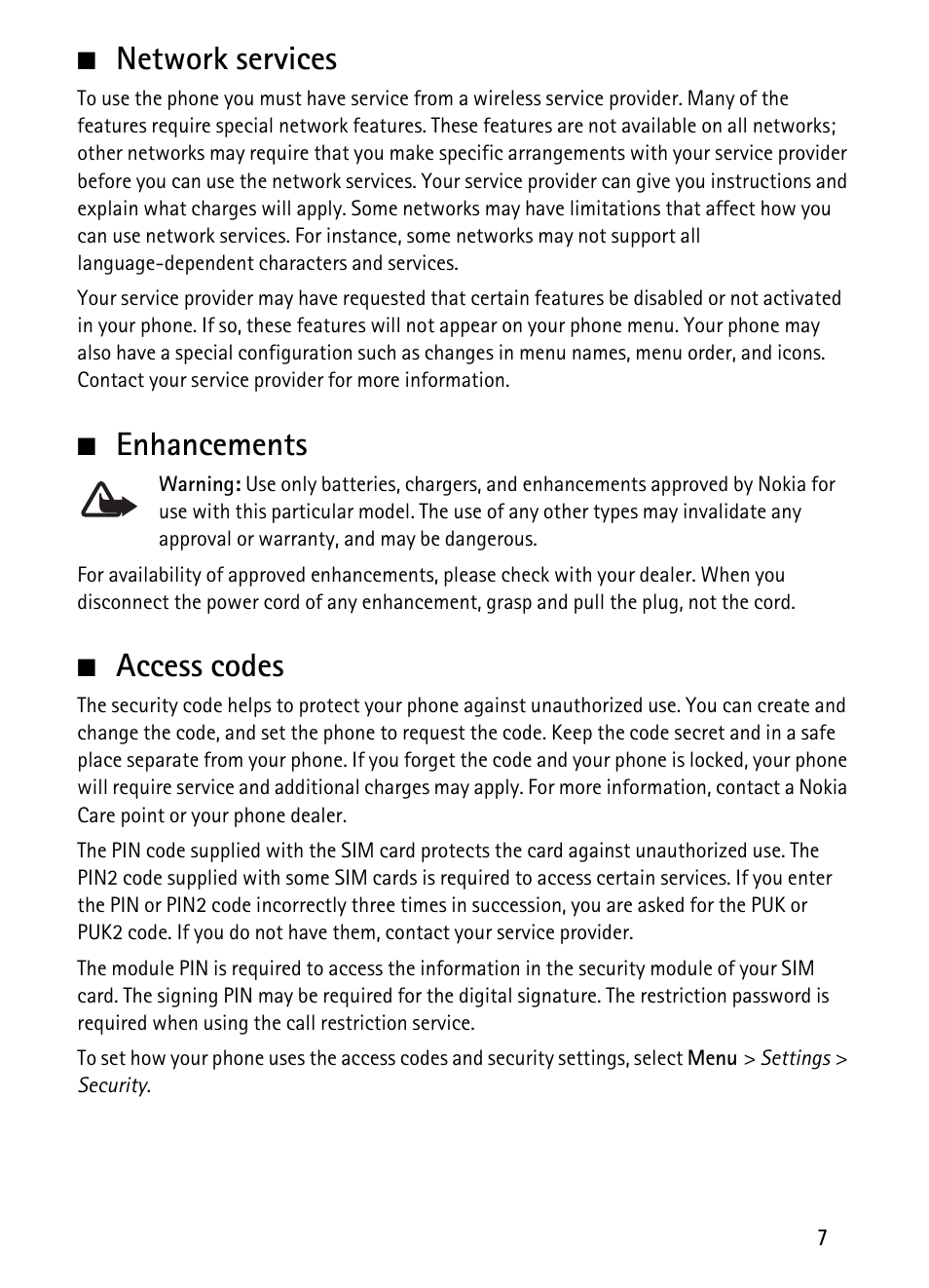 Network services, Enhancements, Access codes | Network services enhancements access codes | Nokia 1680 Classic User Manual | Page 8 / 75