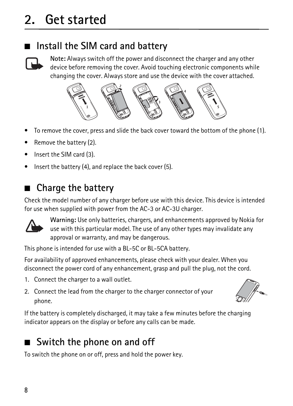 Get started, Install the sim card and battery, Charge the battery | Switch the phone on and off | Nokia 1680 Classic User Manual | Page 9 / 75