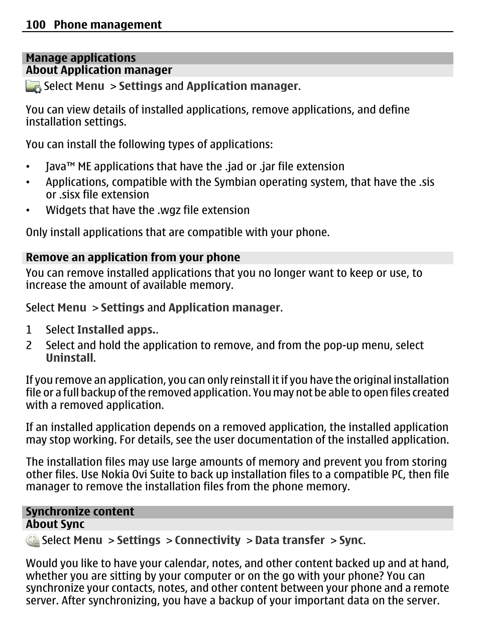 Manage applications, About application manager, Remove an application from your phone | Synchronize content, About sync | Nokia 500 User Manual | Page 100 / 124