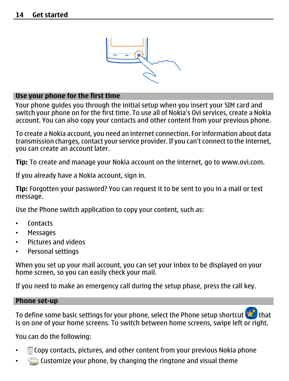 Use your phone for the first time, Phone set-up | Nokia 500 User Manual | Page 14 / 124