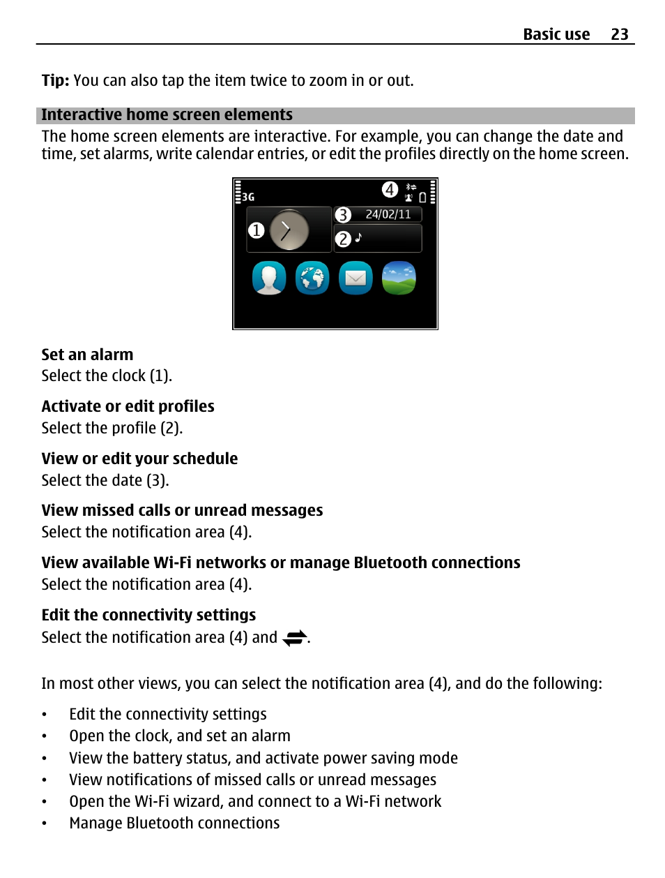 Interactive home screen elements | Nokia 500 User Manual | Page 23 / 124