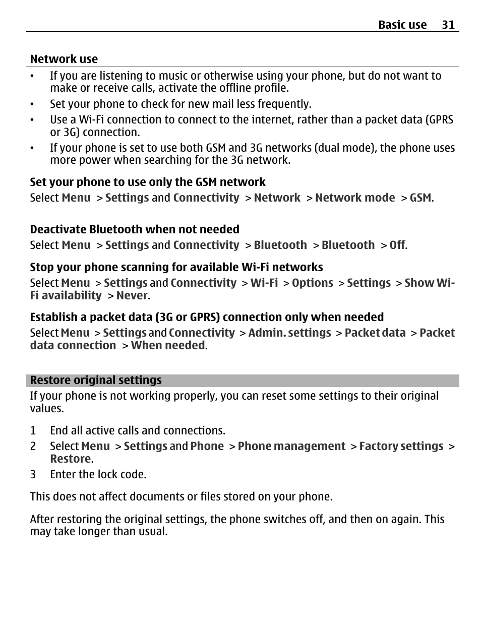 Restore original settings | Nokia 500 User Manual | Page 31 / 124