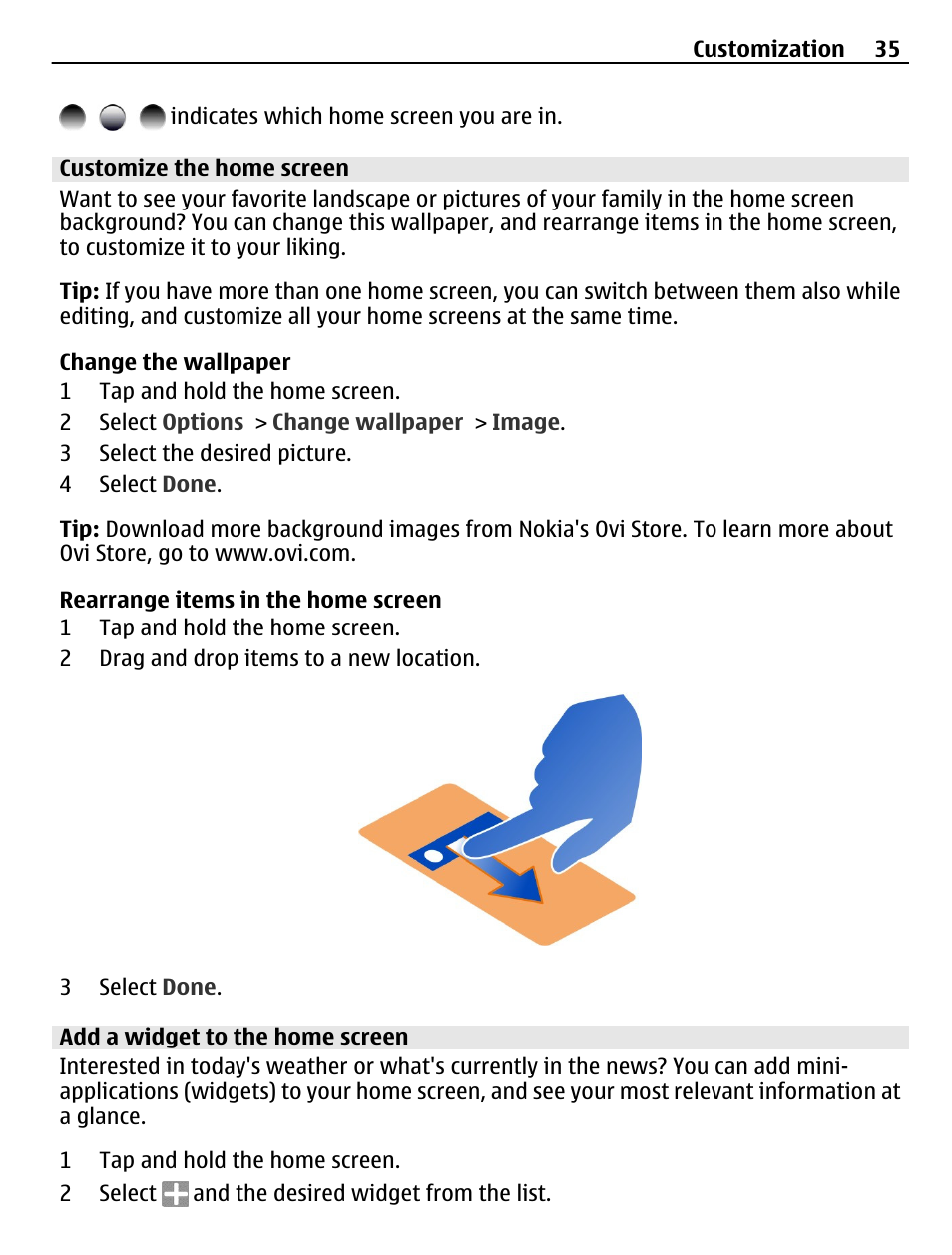 Customize the home screen, Add a widget to the home screen | Nokia 500 User Manual | Page 35 / 124