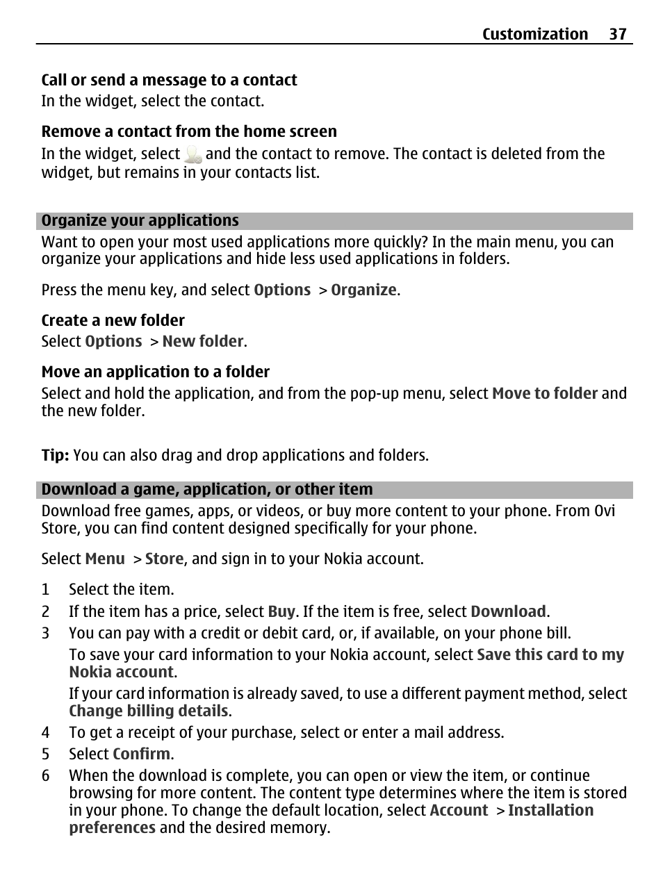 Organize your applications, Download a game, application, or other item, Download a game, application, or | Other item | Nokia 500 User Manual | Page 37 / 124