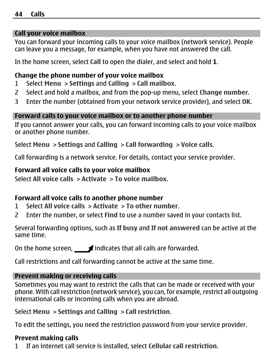 Call your voice mailbox, Prevent making or receiving calls, Forward calls to your voice mailbox or | To another phone number | Nokia 500 User Manual | Page 44 / 124