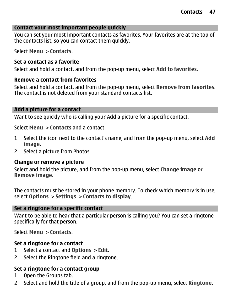 Contact your most important people quickly, Add a picture for a contact, Set a ringtone for a specific contact | Contact your most important people, Quickly | Nokia 500 User Manual | Page 47 / 124