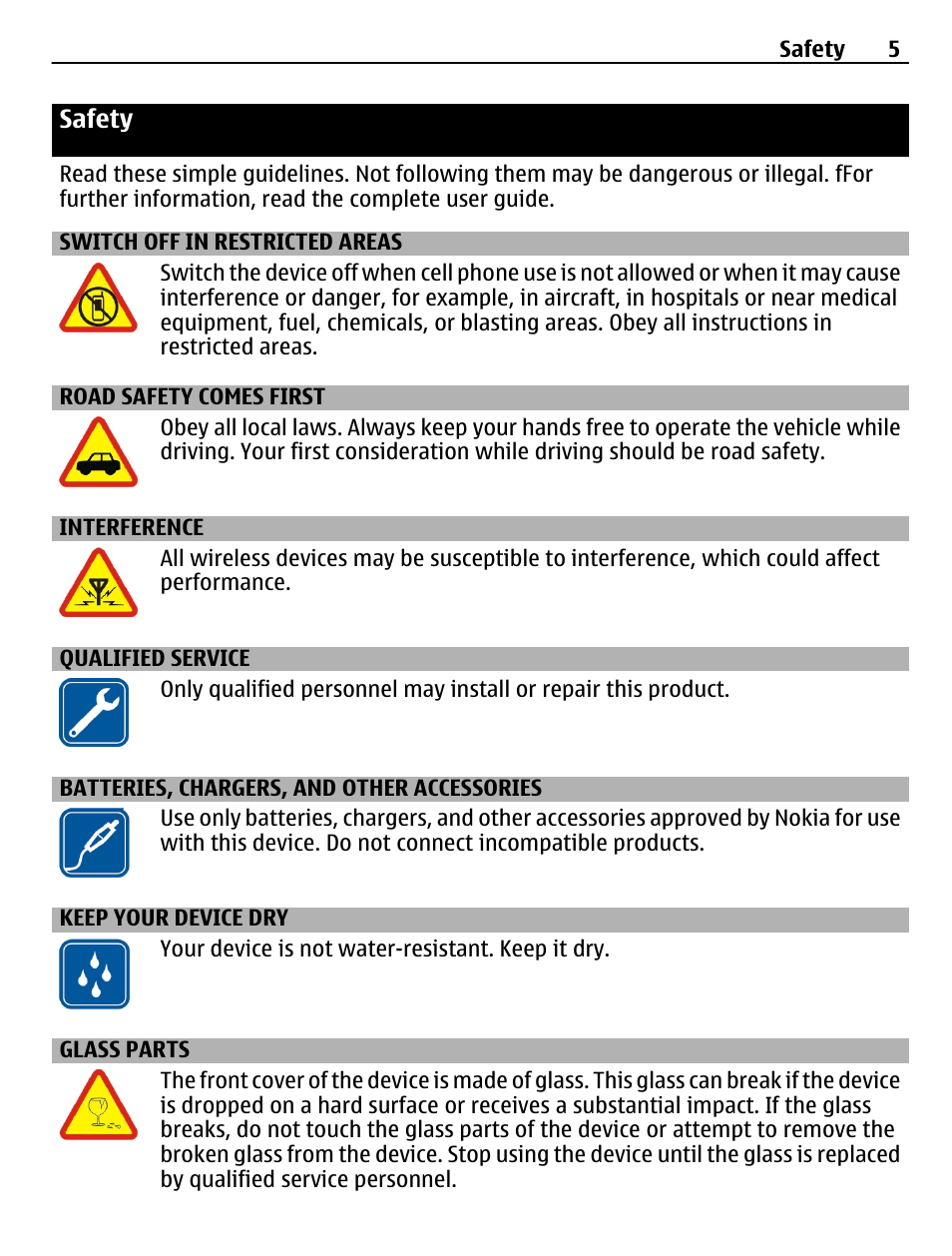 Safety, Switch off in restricted areas, Road safety comes first | Interference, Qualified service, Batteries, chargers, and other accessories, Keep your device dry, Glass parts | Nokia 500 User Manual | Page 5 / 124