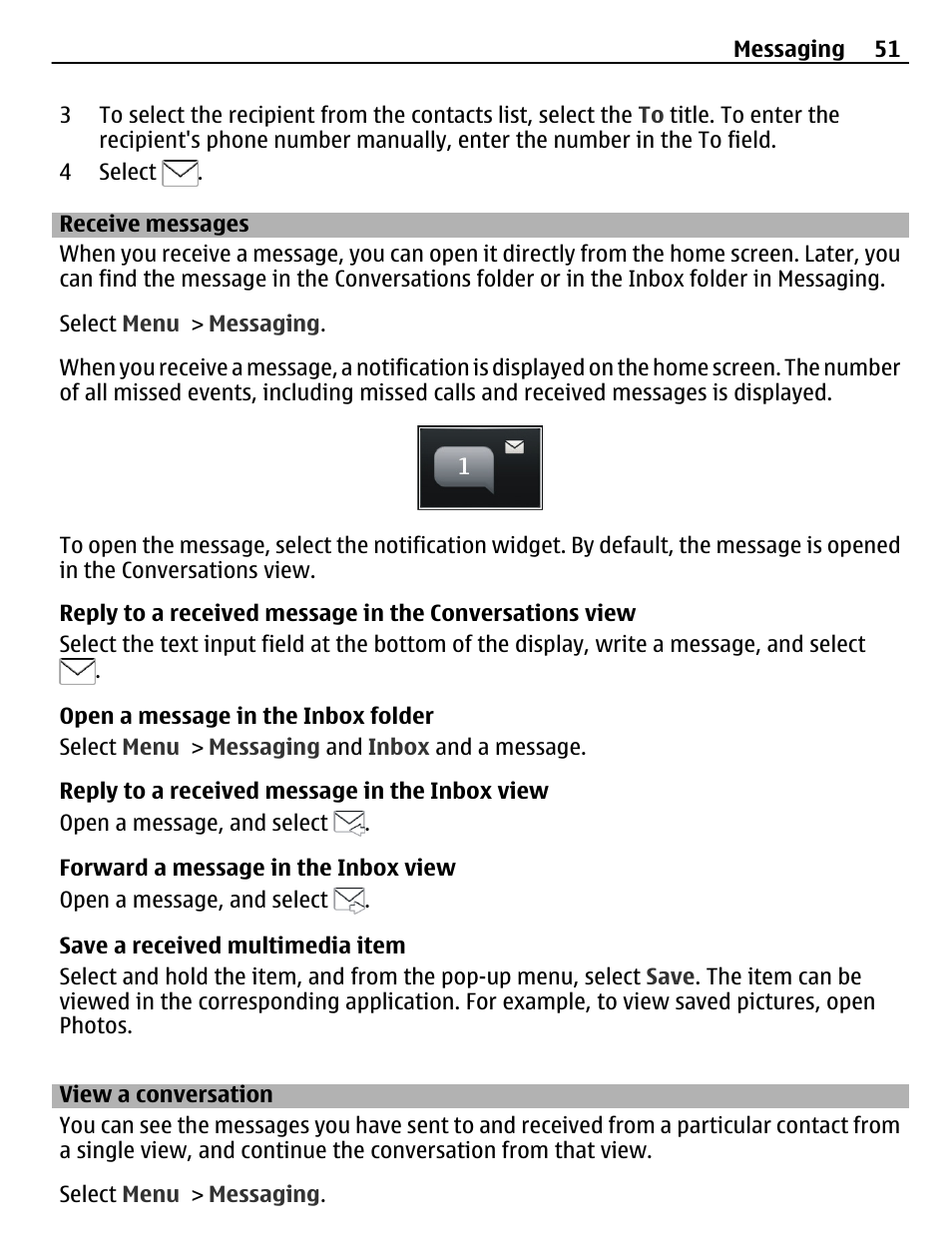 Receive messages, View a conversation | Nokia 500 User Manual | Page 51 / 124