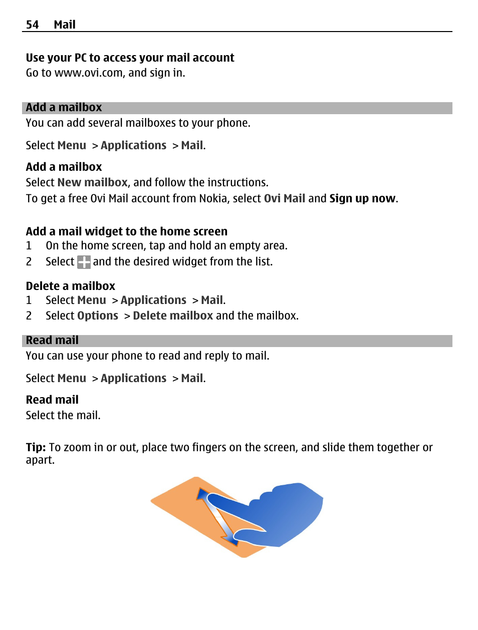 Add a mailbox, Read mail | Nokia 500 User Manual | Page 54 / 124