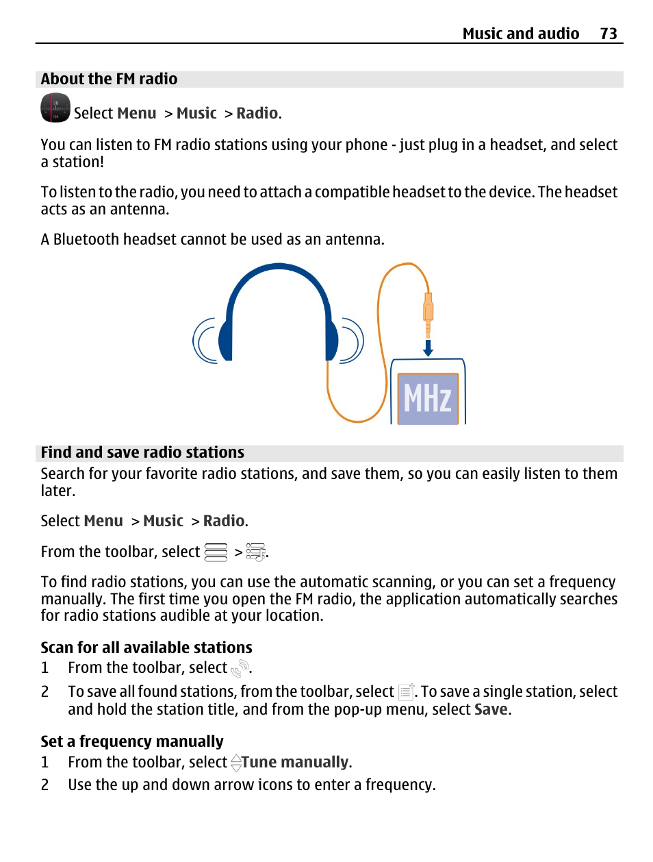 About the fm radio, Find and save radio stations | Nokia 500 User Manual | Page 73 / 124