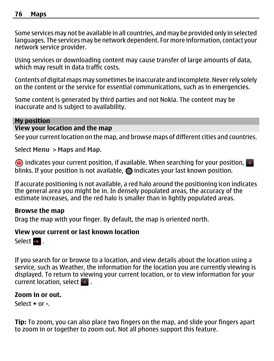 My position, View your location and the map | Nokia 500 User Manual | Page 76 / 124