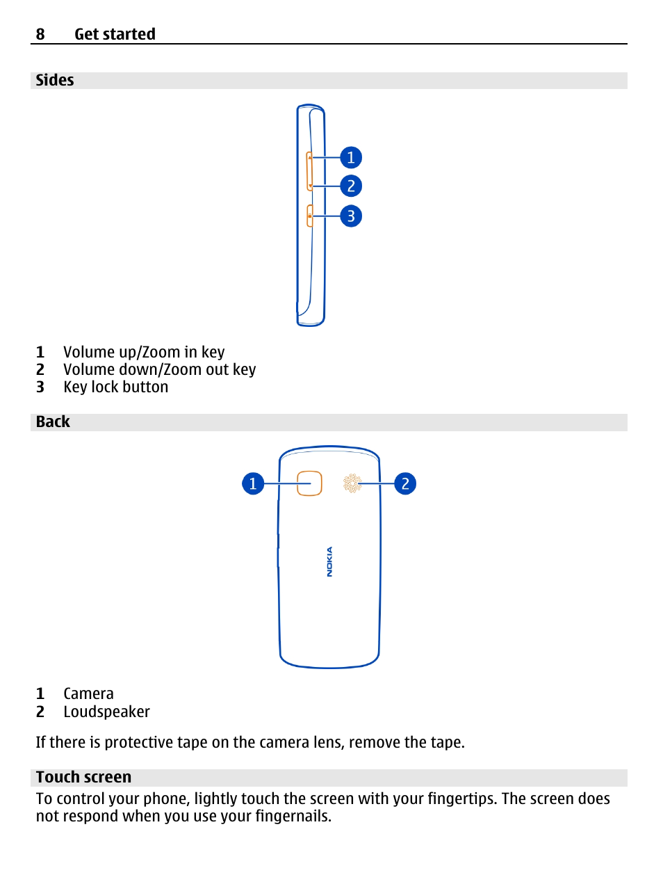 Sides, Back, Touch screen | Nokia 500 User Manual | Page 8 / 124