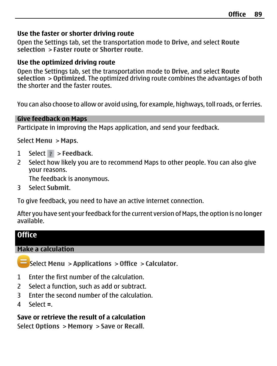 Give feedback on maps, Office, Make a calculation | Nokia 500 User Manual | Page 89 / 124