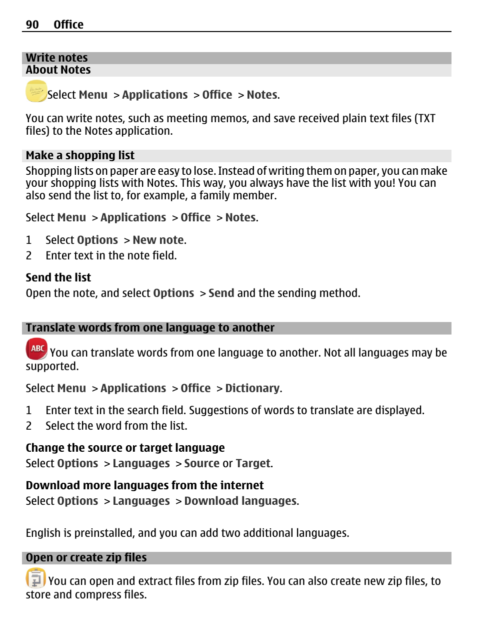 Write notes, About notes, Make a shopping list | Translate words from one language to another, Open or create zip files, Translate words from one language to, Another | Nokia 500 User Manual | Page 90 / 124